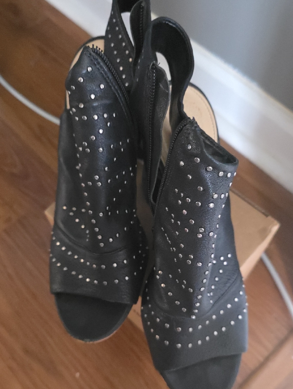 Vince Camuto Black Studded Peep-Toe Slingback Mules